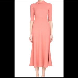 Mock-Neck Elbow-Sleeve Staggered-Ribbed Midi Dress